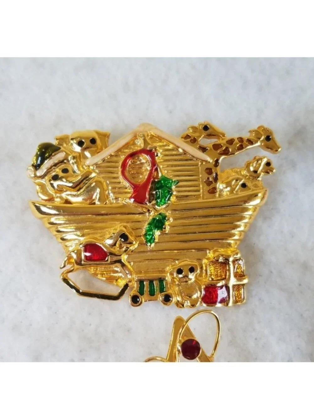 6 Christmas Holiday Brooches Pins Gold Tone Enamel Rhinestone Noahs Ark Deer
